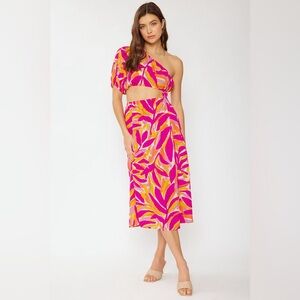 One-Shoulder Tropical Print Midi Dress in Fuchsia, Orange & Pink